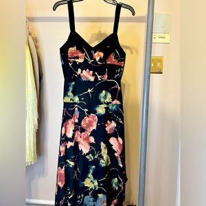 BCBG MAX AZRIA RUSTIC GROVE ASYMMETRICAL FLORAL BLACK MAXI DRESS sz XS
